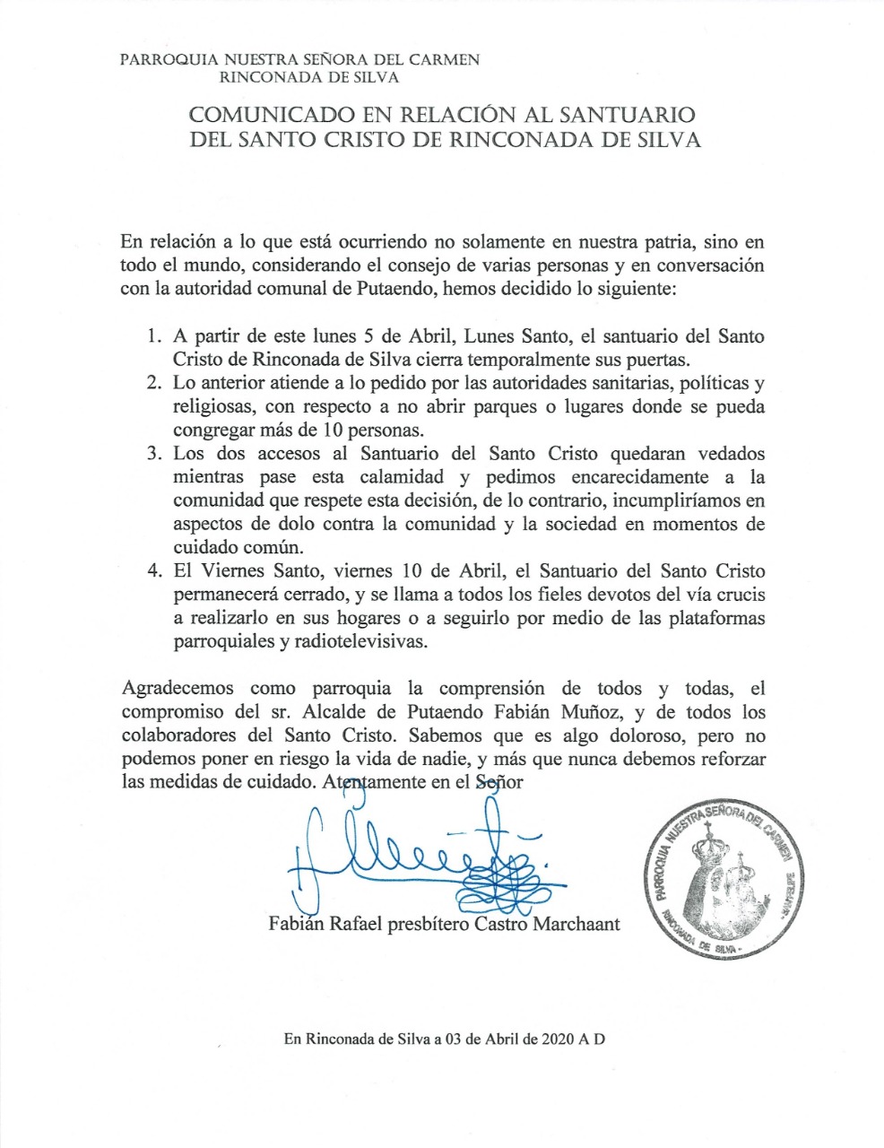 Declaración Parroquia Rinconada de Silva