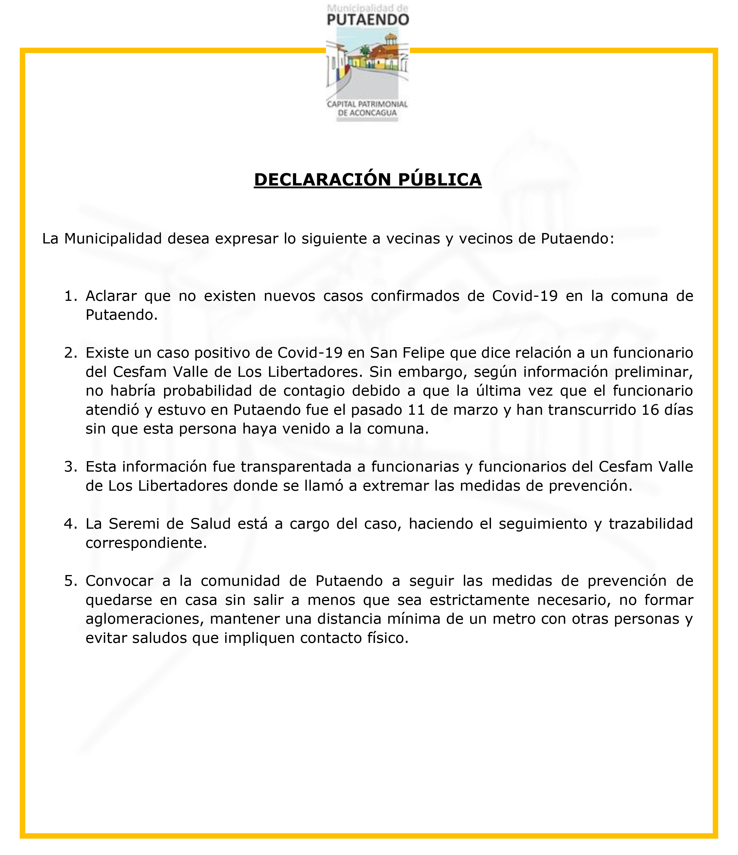 DECLARACIÓN PÚBLICA MUNICIPALIDAD DE PUTAENDO